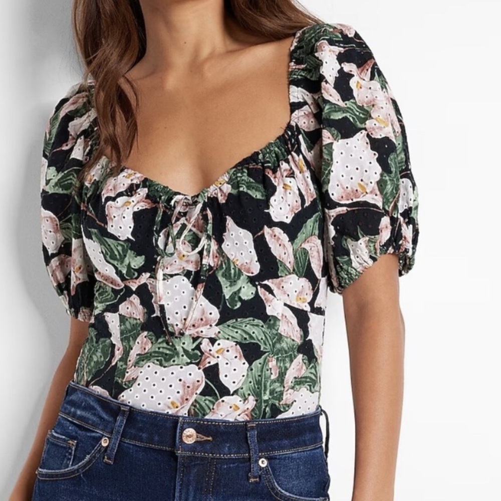 Express Floral Eyelet Puff Sleeve Bodysuit NEW